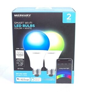 2pk Merkury Innovations Smart Wi-Fi LED Bulbs Multi-Color A21 Alexa Google Home